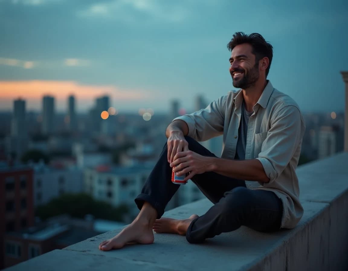 Rooftop Dusk Beer Man – AI-Generated Photo Prompt Example