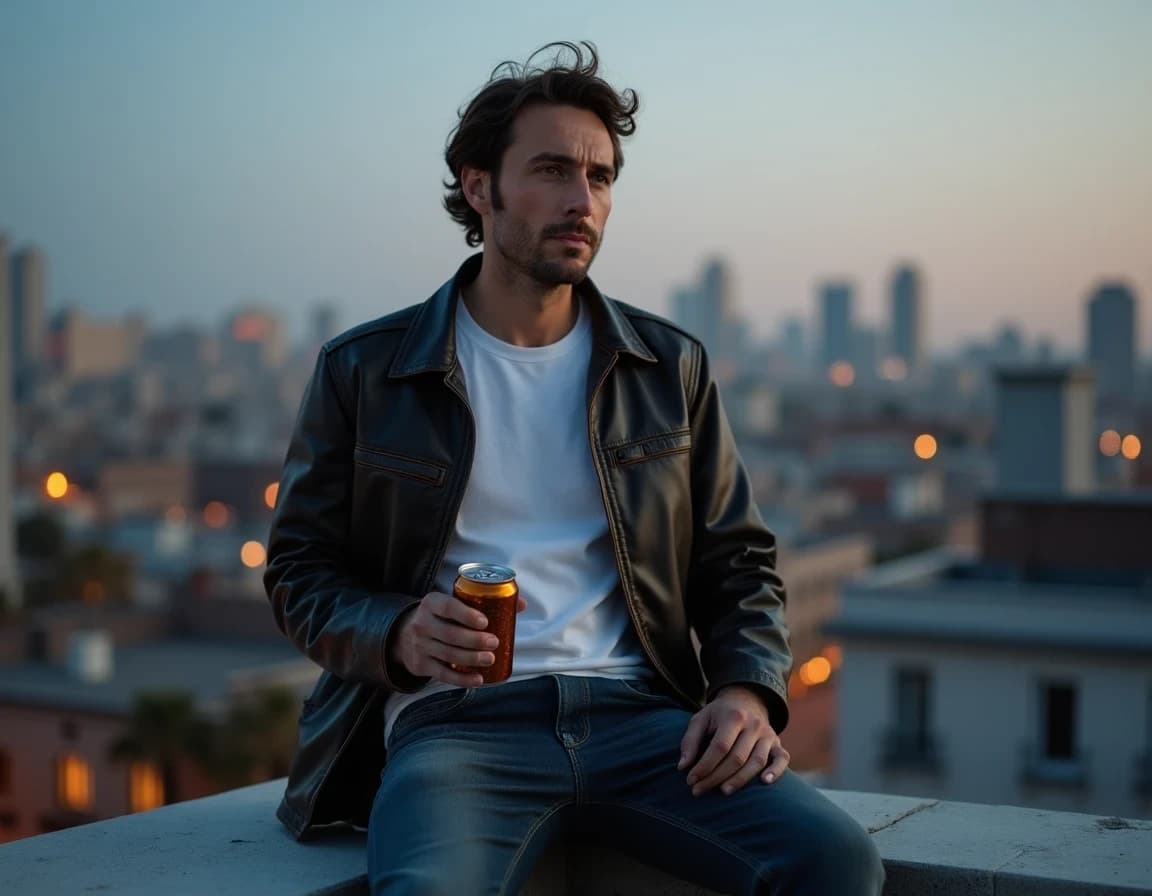 Prompt IA: Foto al atardecer en azotea con cerveza
