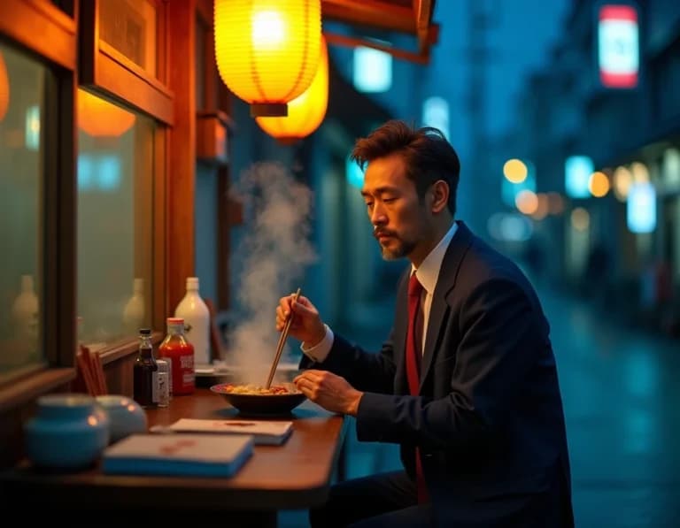 屋台ラーメンサラリーマン｜夜の提灯×AIリアル写真プロンプト作例