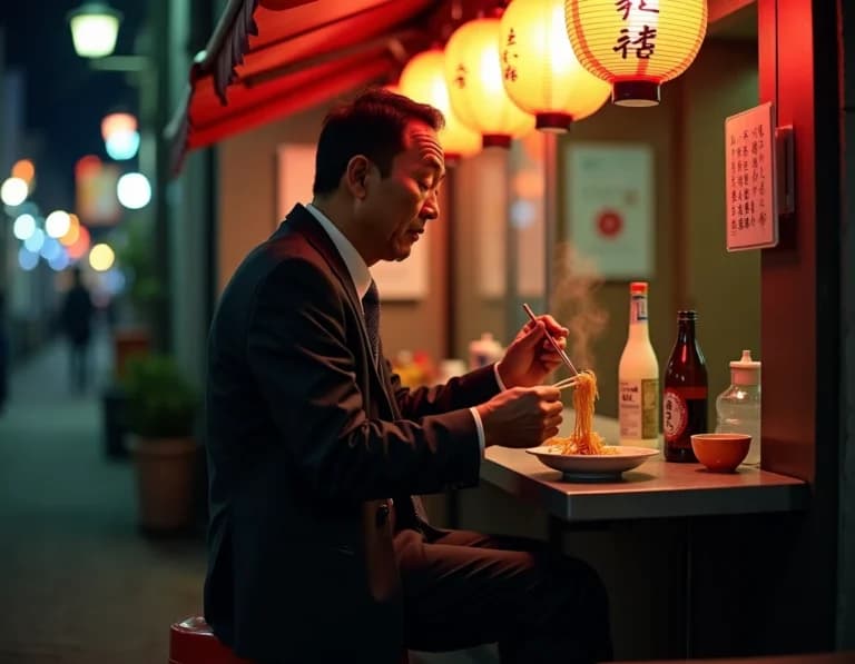 夜の屋台ラーメン・サラリーマン作例｜AIドキュメンタリー写真プロンプト