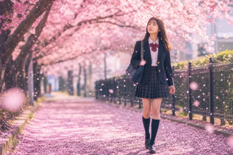 散り桜×制服少女の瞳プロンプト｜AI生成作例