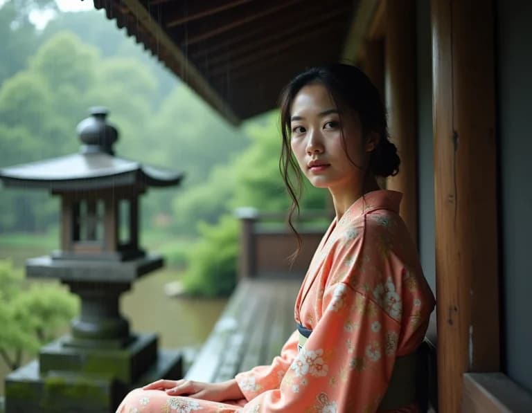 雨粒、解く静寂 — 庭に佇む着物