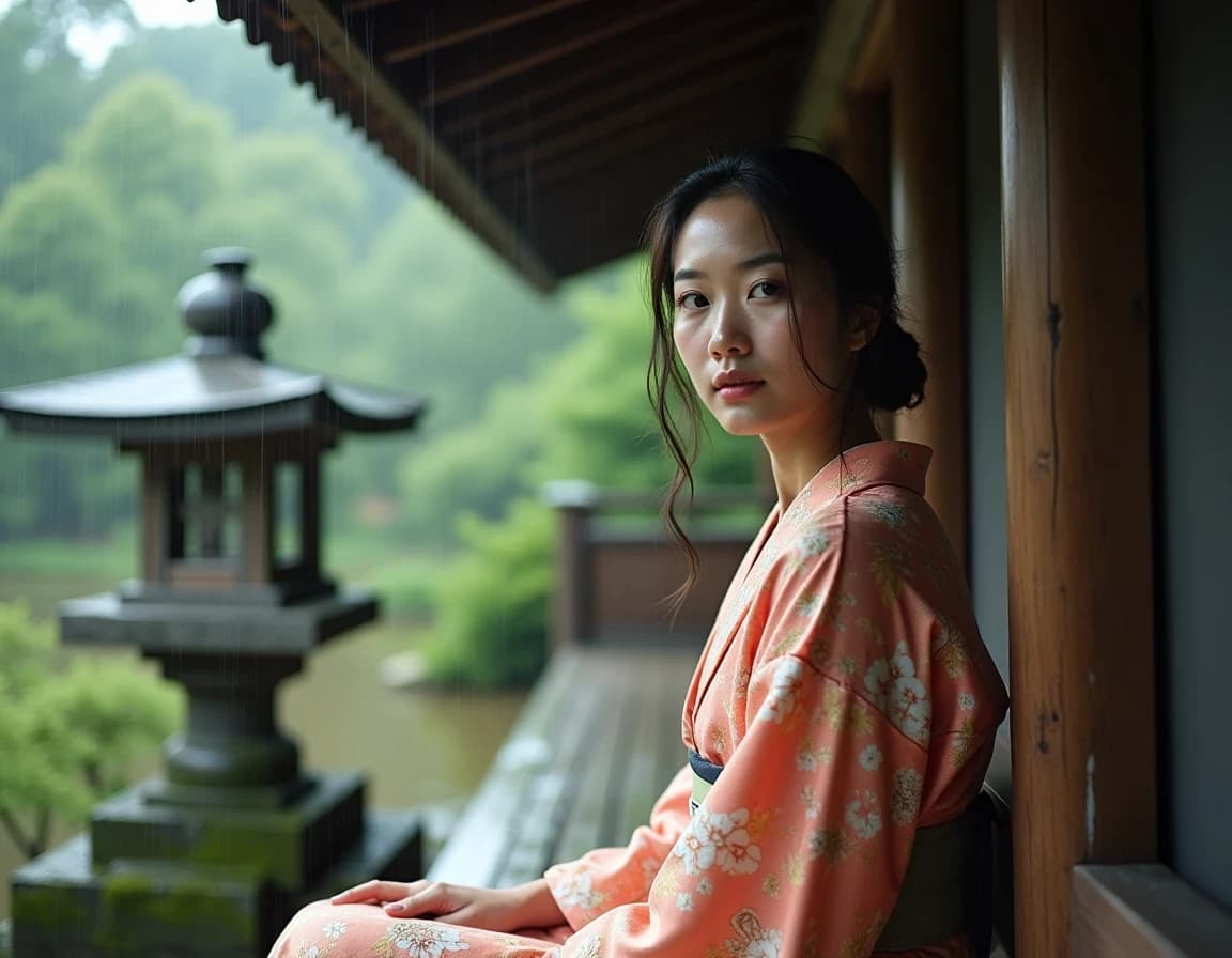 Raindrops Untie — Kimono Girl in Garden