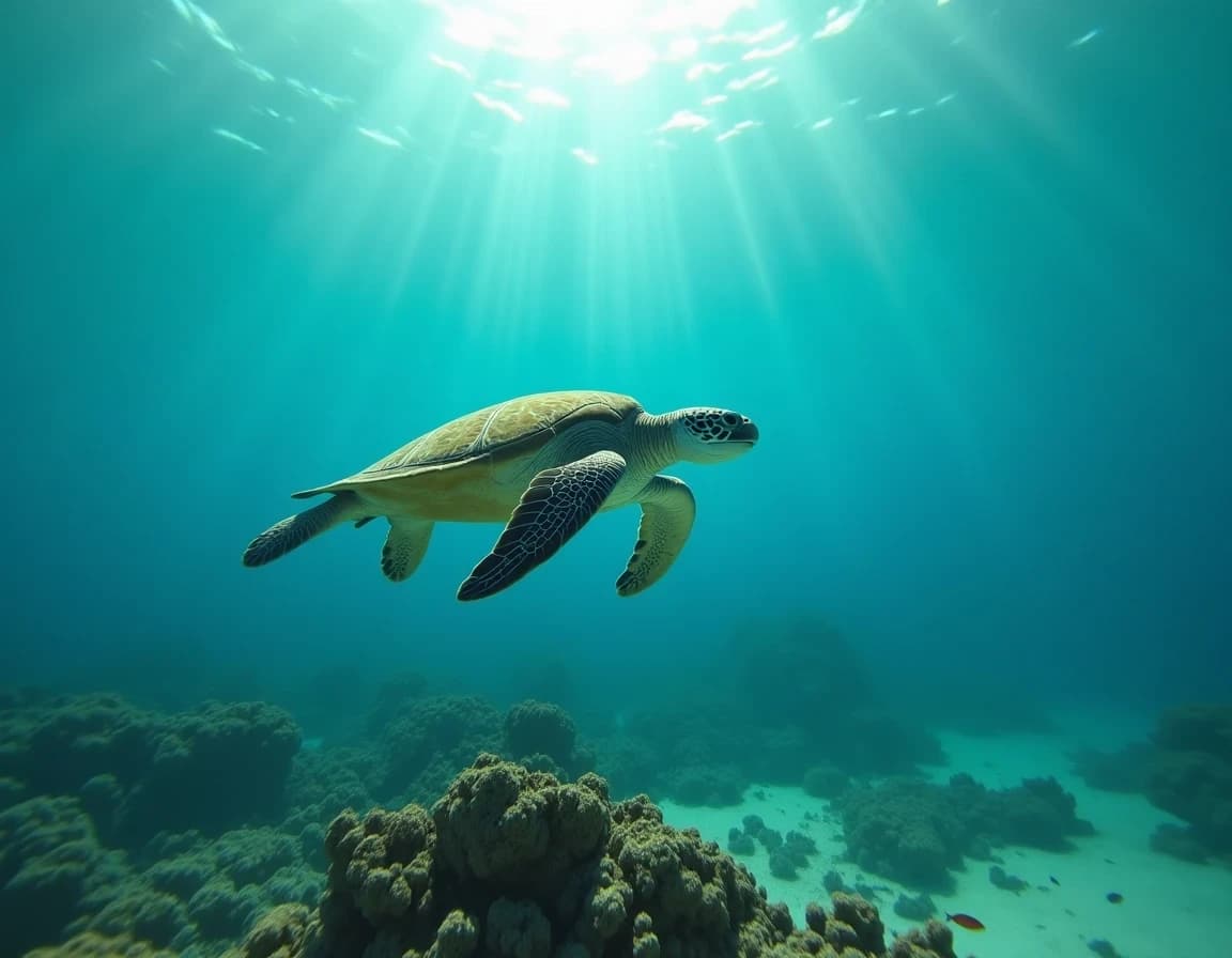 Prompt de foto submarina con tortuga y arrecife generado con IA