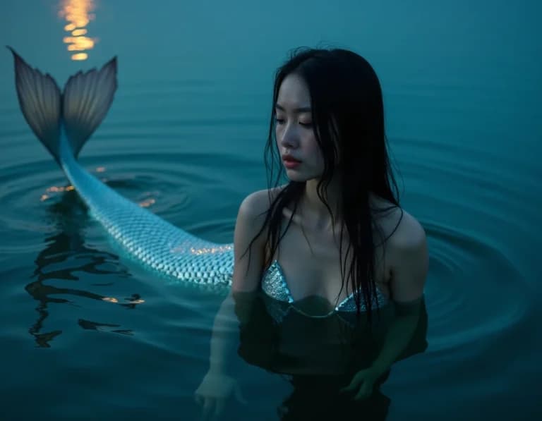 月光の湖面に浮かぶ人魚｜AI生成プロンプト作例