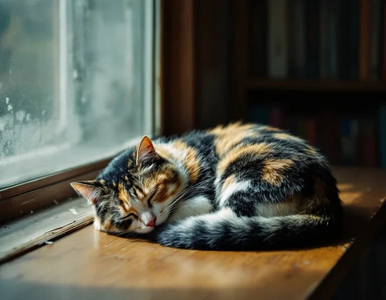 図書館で眠る三毛猫｜AI生成写真プロンプト作例
