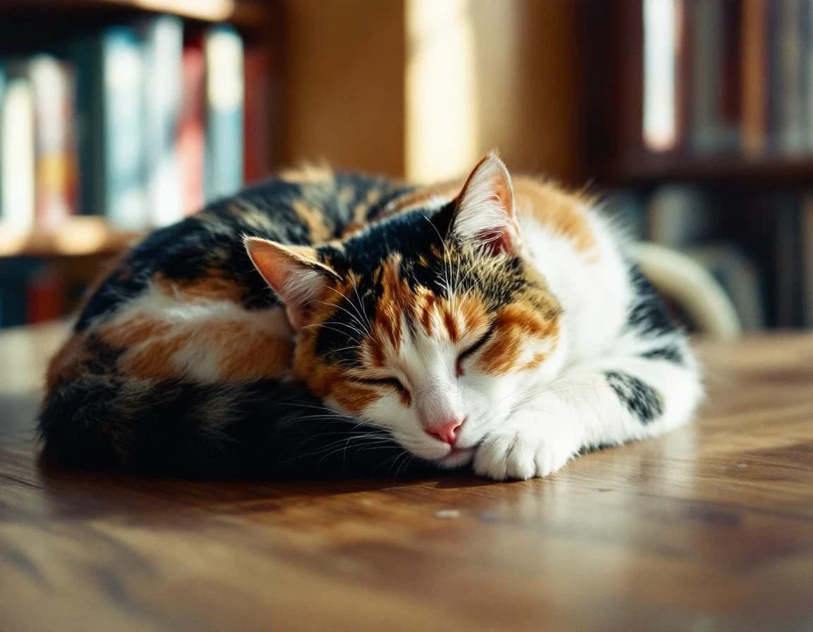 Gato calico dormido en biblioteca – prompt de foto IA realista