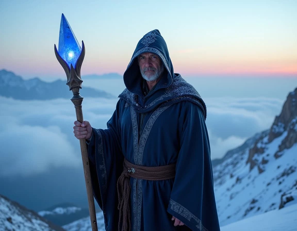 Hooded Mage at Mountain Summit — AI-Generated Fantasy Photo Prompt