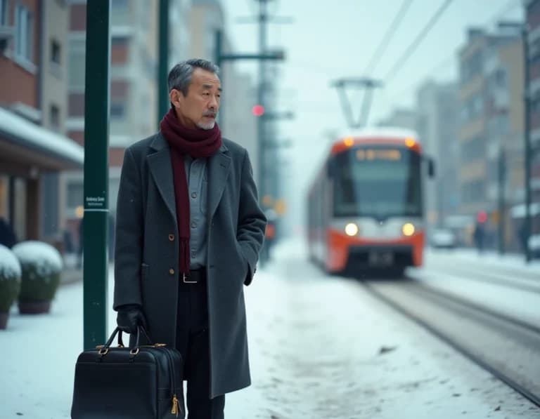 雪の朝・路面電車を待つ会社員のAI生成作例プロンプト