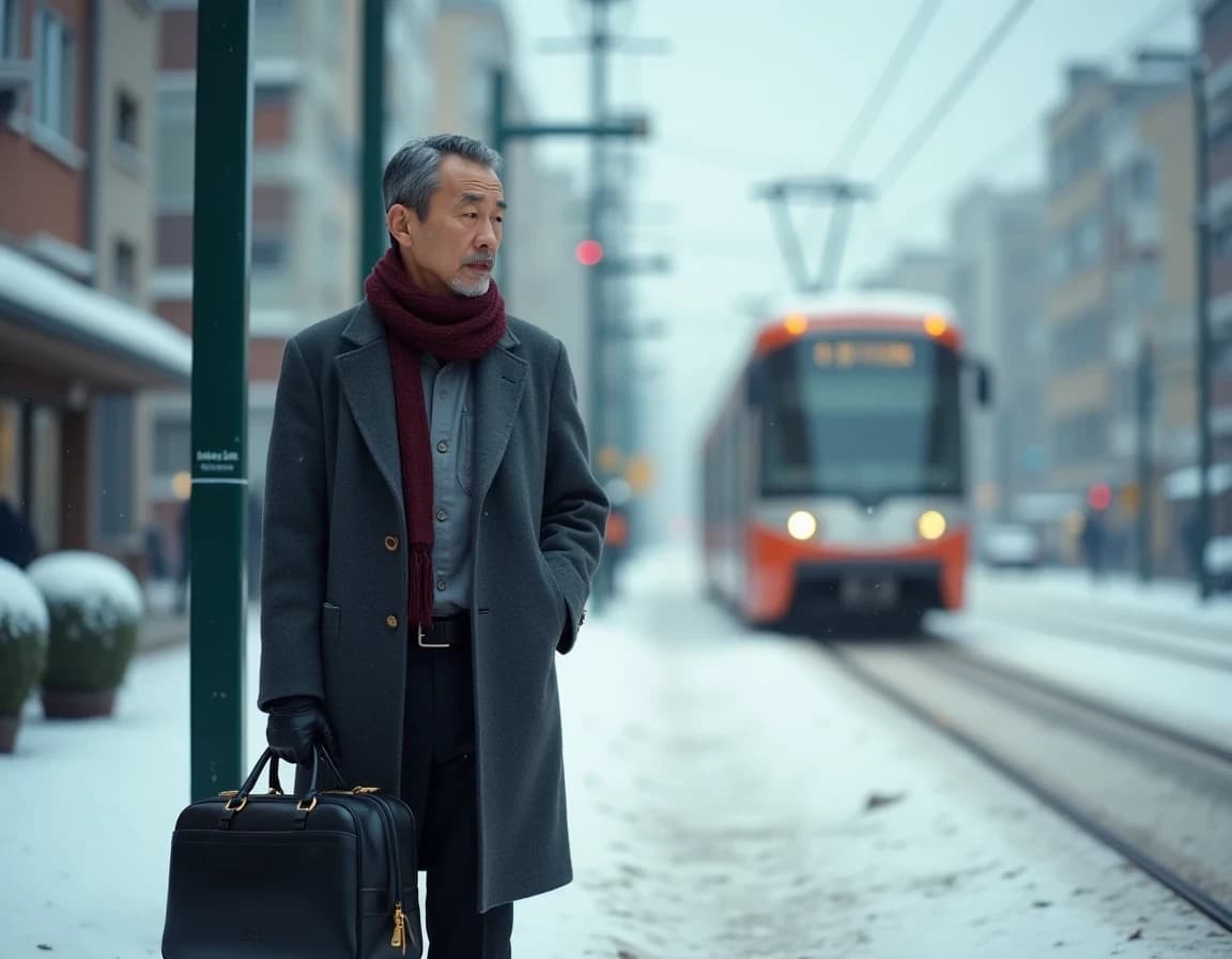 雪の朝・路面電車を待つ会社員のAI生成作例プロンプト
