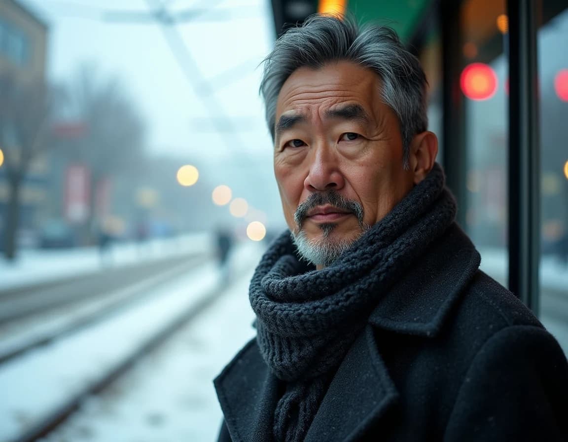 Retrato documental en parada de tranvía nevada — prompt generado con IA