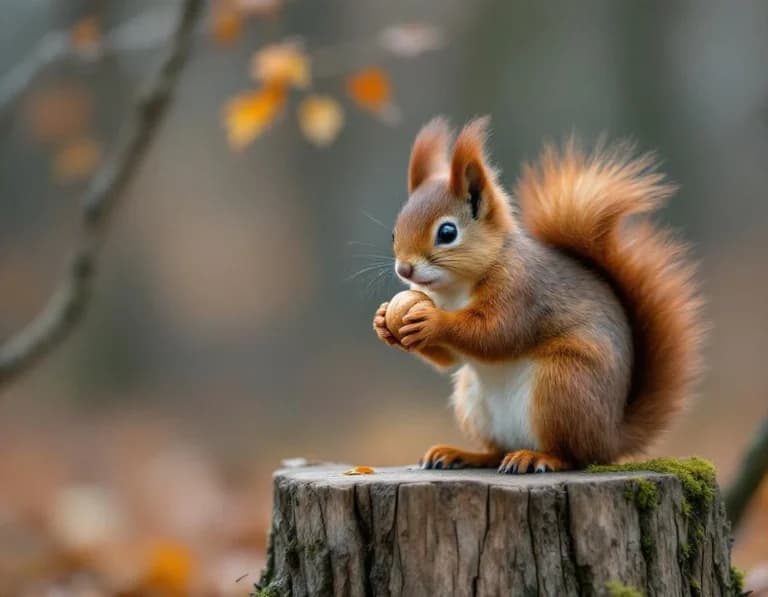 秋の森でリスが胡桃を抱く｜AI生成野生動物写真プロンプト作例