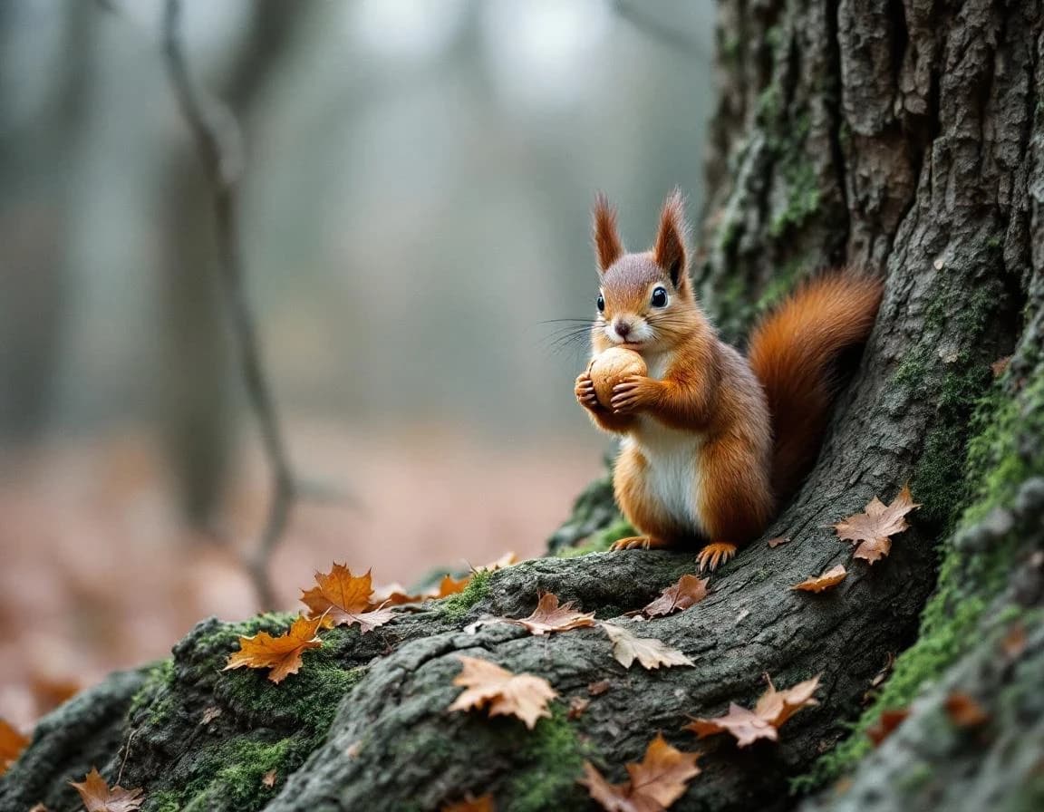 秋の古木でクルミを抱えるリス｜FLUX野生動物写真プロンプト作例