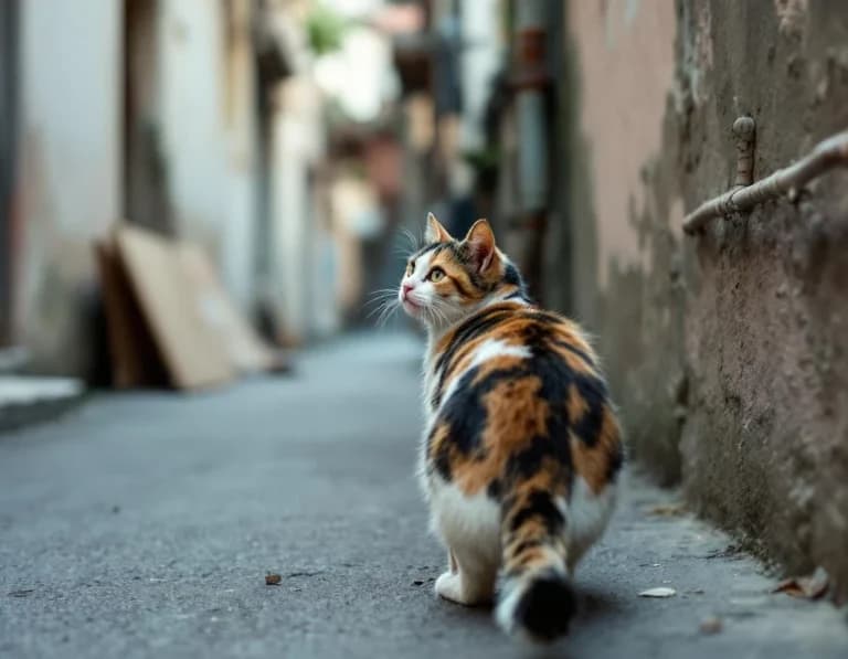路地裏の三毛猫プロンプト｜35mmフィルム風AI生成作例