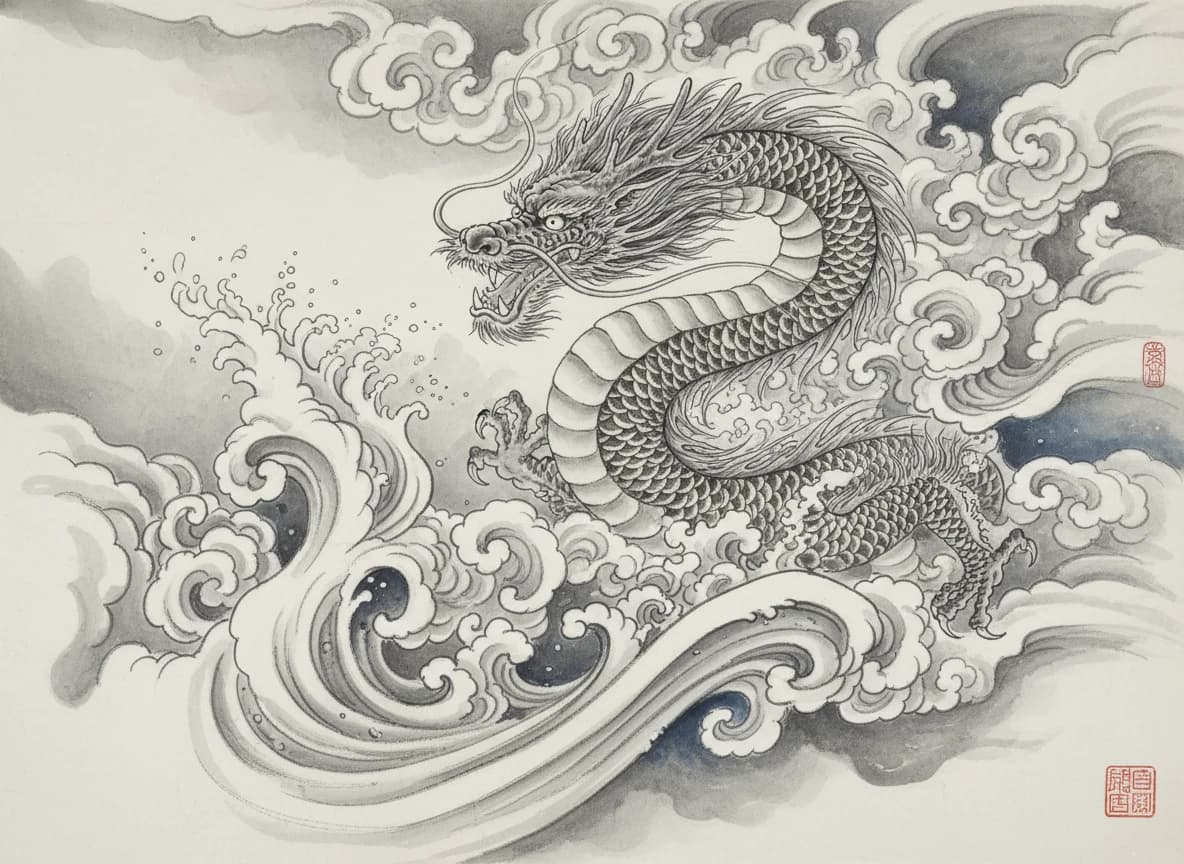 Sumi-e Dragon Rising Through Clouds — AI Art Prompt