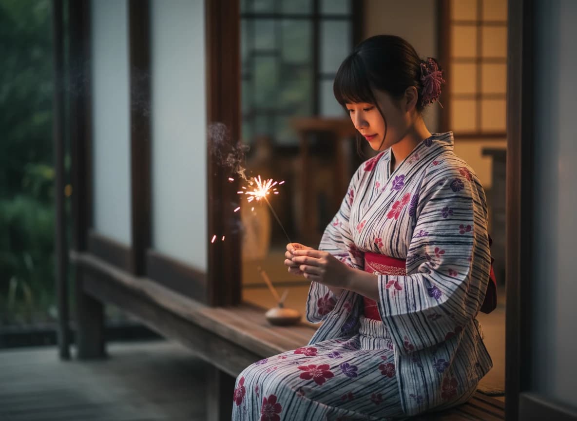 Imagen IA: verano japonés con sparklers en engawa