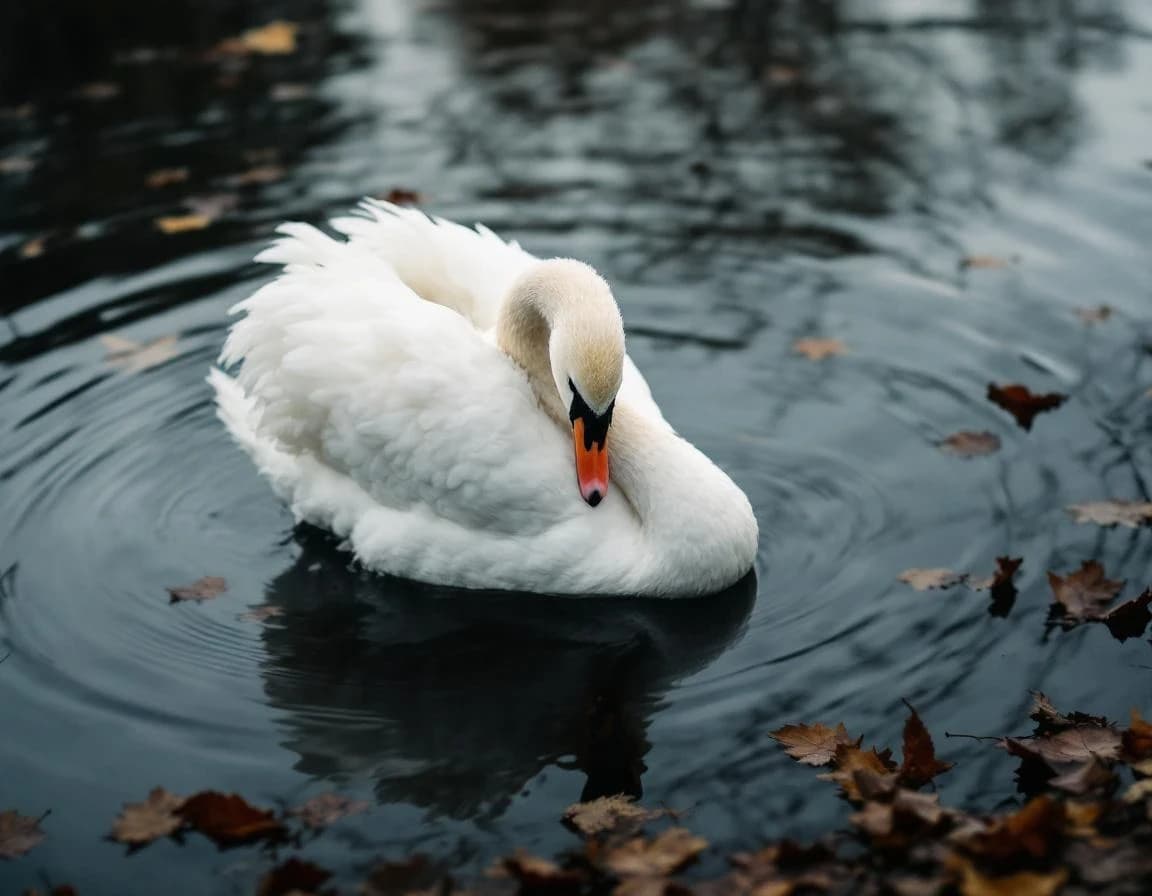 白鳥が羽繕いする公園の池｜AI写真風画像プロンプト作例
