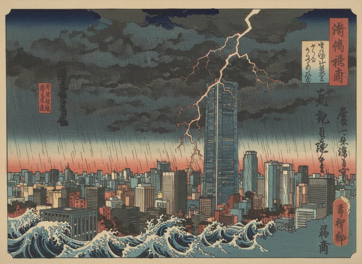 Ukiyo-E Lightning Over Modern City — AI Image Prompt