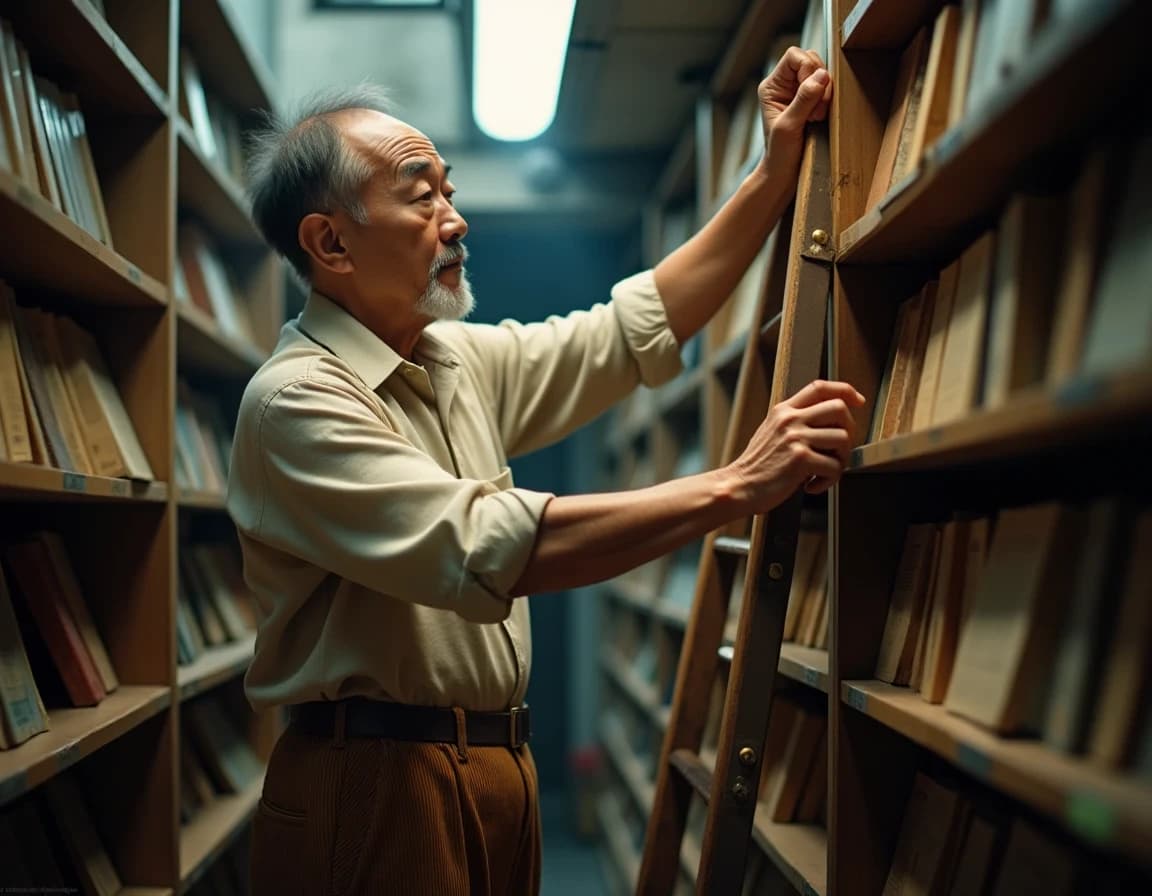 古書店×梯子の作例｜埃と光のリアルAI生成プロンプト