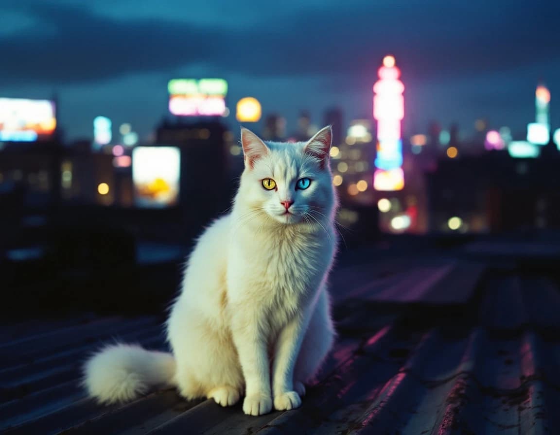 White Cat on Factory Roof at Night — AI Photo Prompt