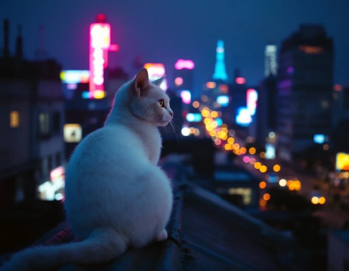 White Cat on Neon-Lit Rooftop — AI Photo Prompt Example