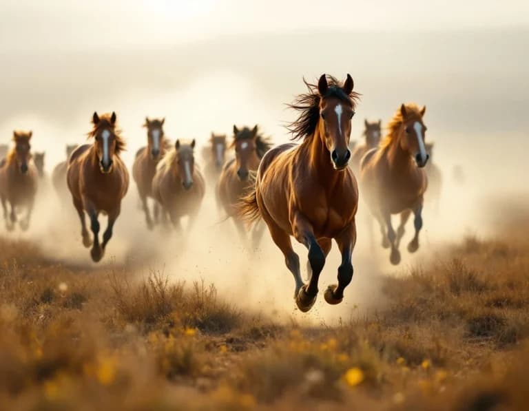砂塵と黄金光の野生馬｜AI生成写真プロンプト作例