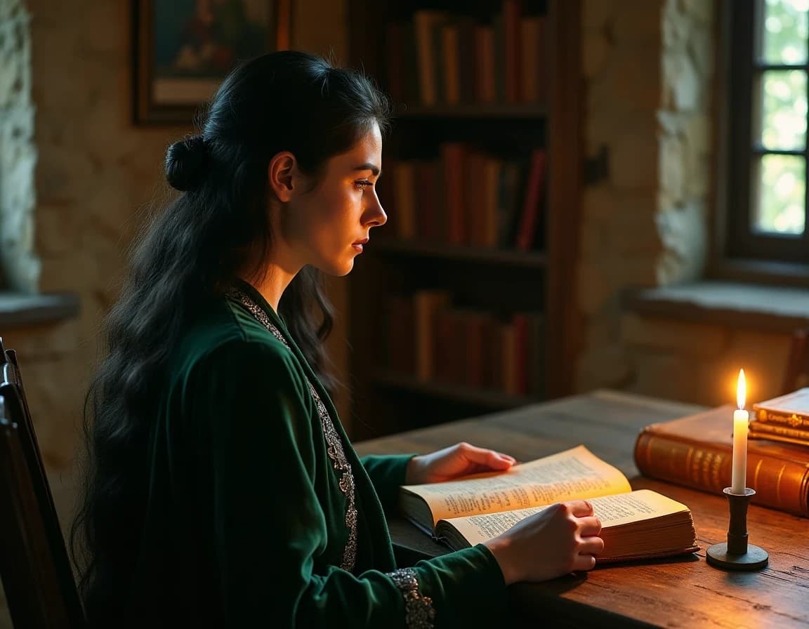 魔女×古城図書室の作例｜蝋燭照明プロンプト
