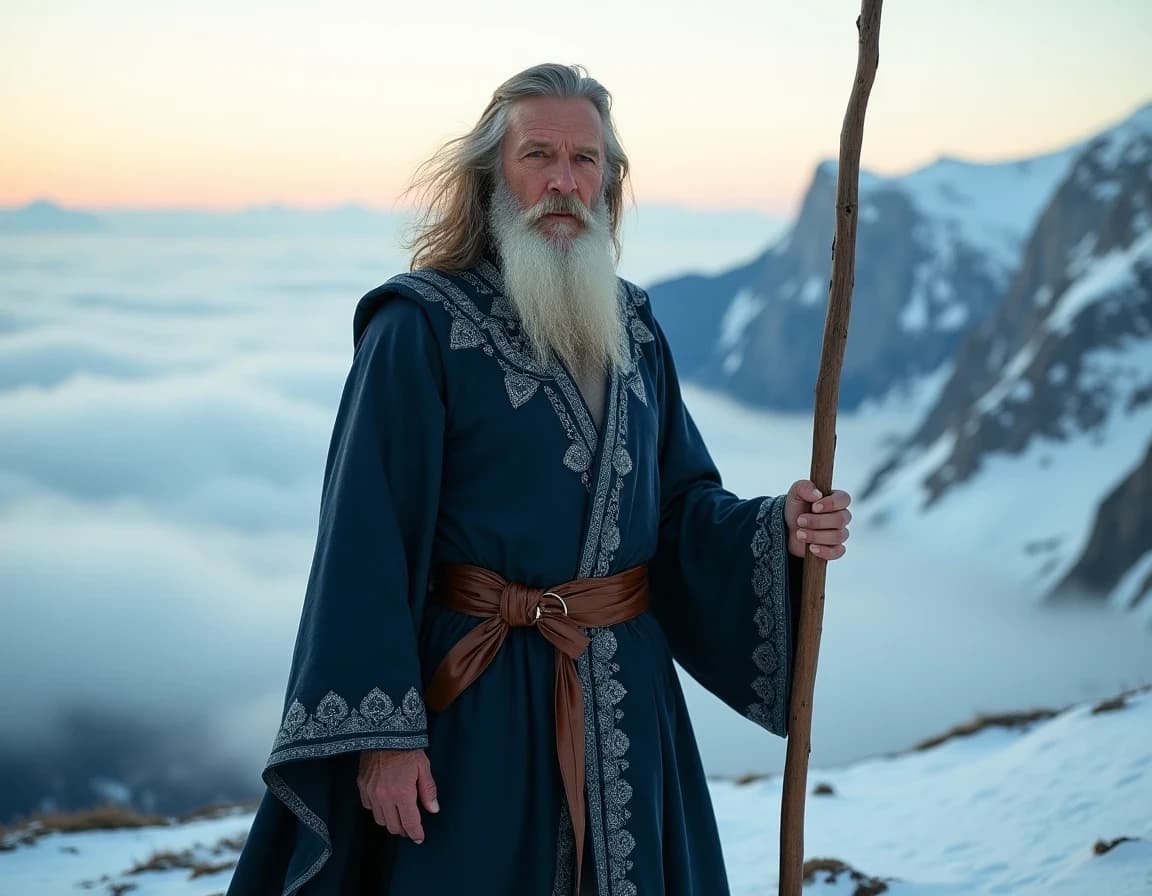 AI Art Prompt: Wizard on Snowy Mountain Peak Example