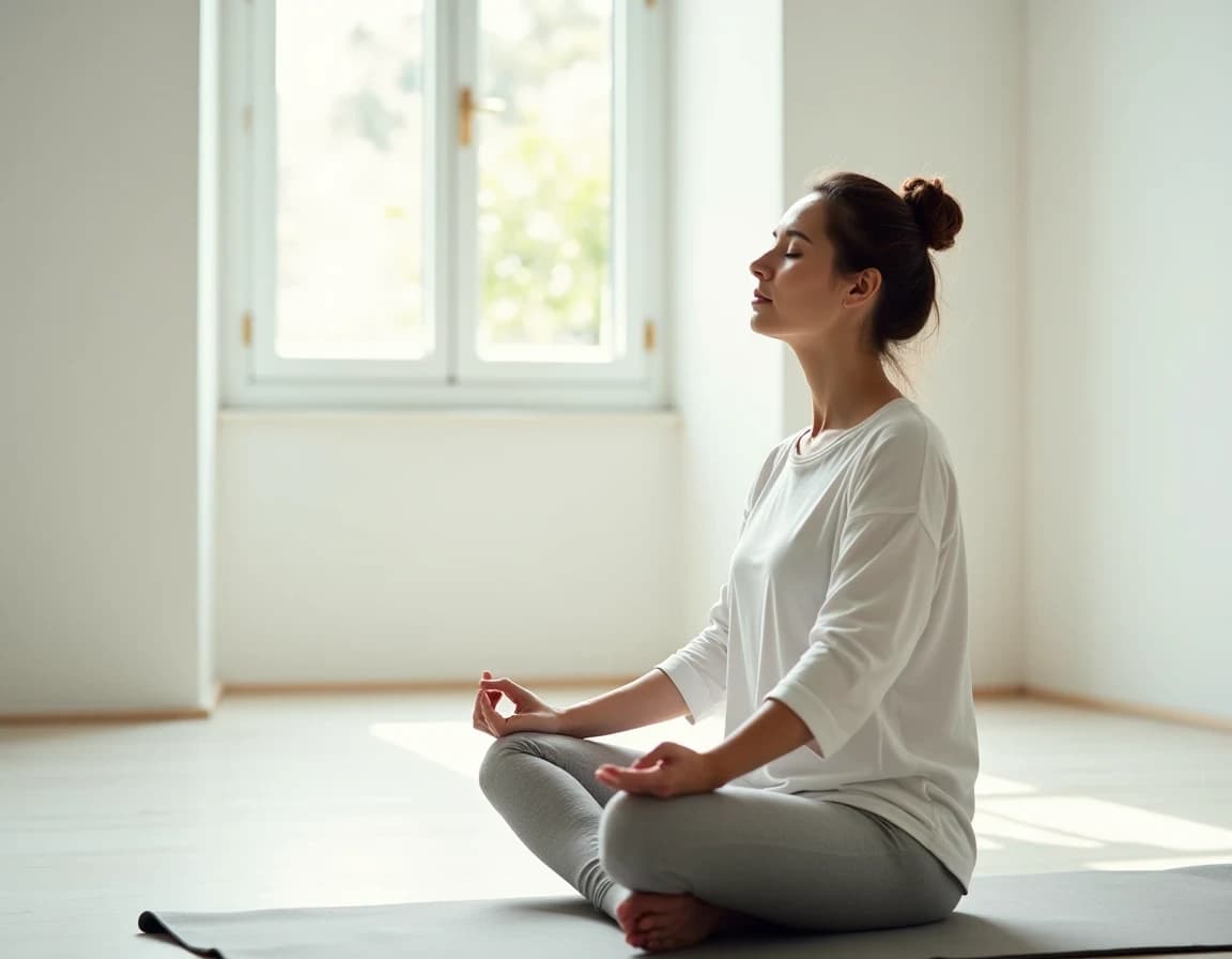 Prompt de IA: meditación yoga en sala blanca minimalista