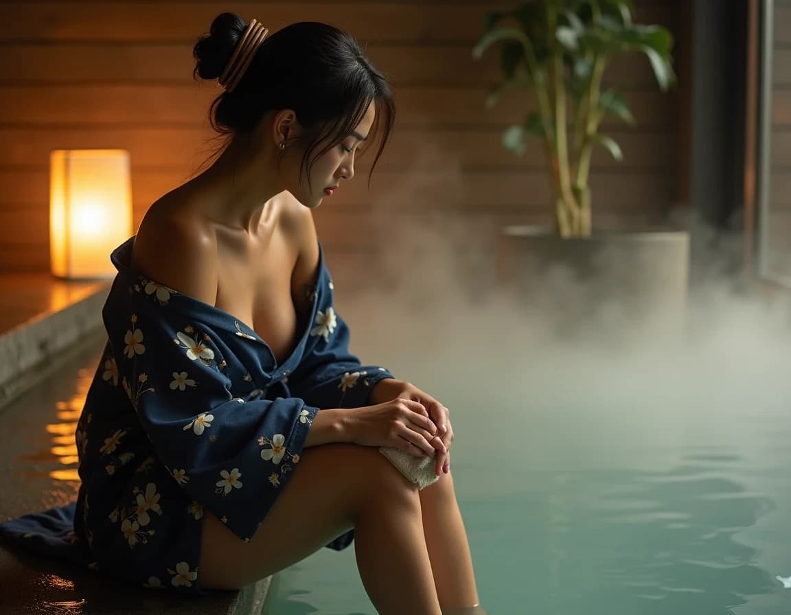 Prompt de foto IA: mujer en yukata en aguas termales nocturnas