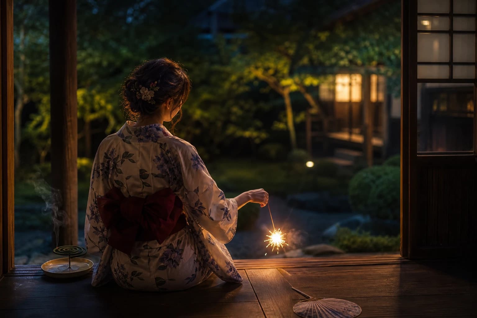 Yukata y Sparkler en Veranda de Verano – Prompt IA de Ejemplo