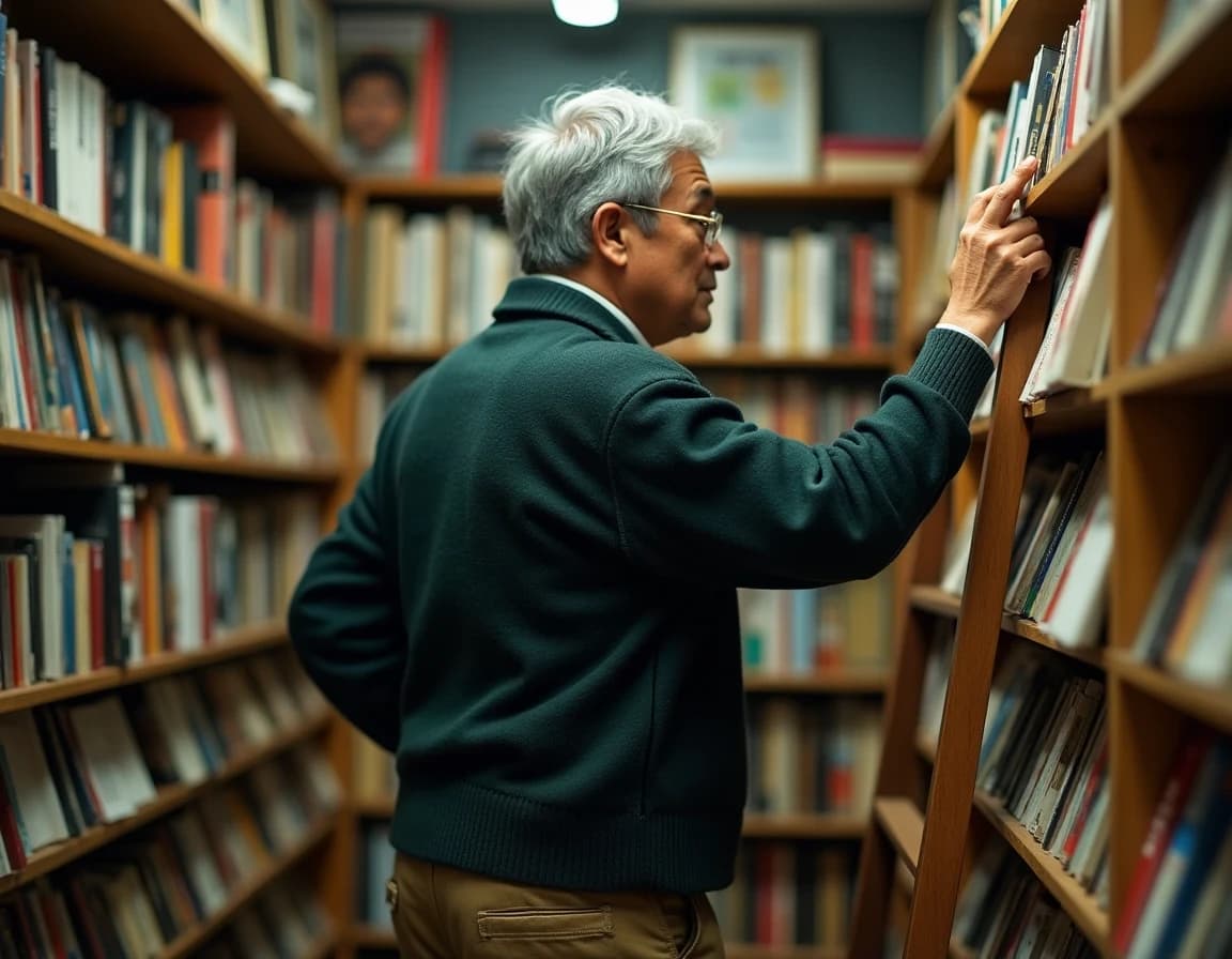 古書店主×梯子のAI生成作例｜背面構図プロンプト