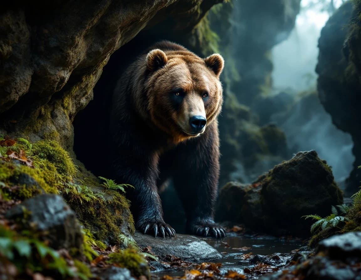 Brown Bear at Cave Entrance After Rain — AI Photo Prompt