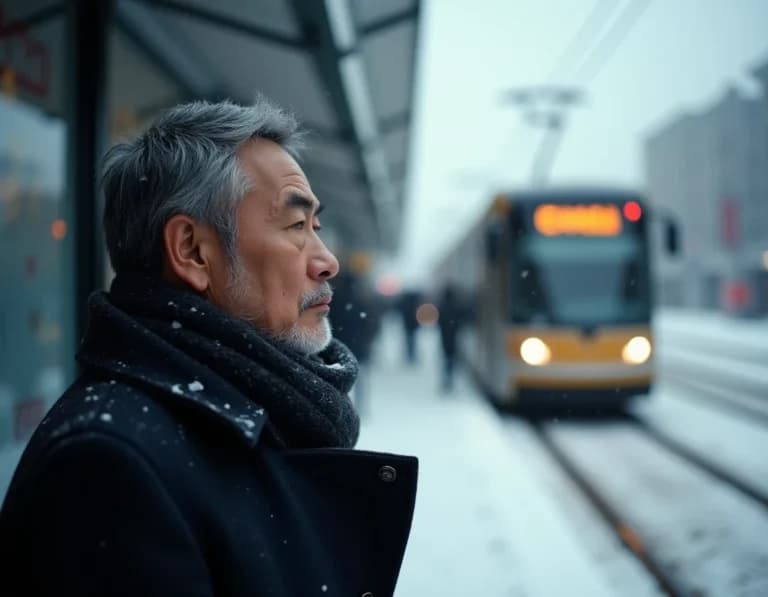凍える冬の路面電車待ち｜ドキュメンタリー風AIフォトプロンプト作例