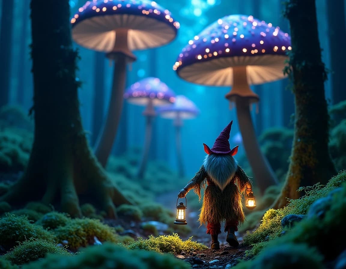 Gnomo en bosque de hongos brillantes — prompt IA de fantasía