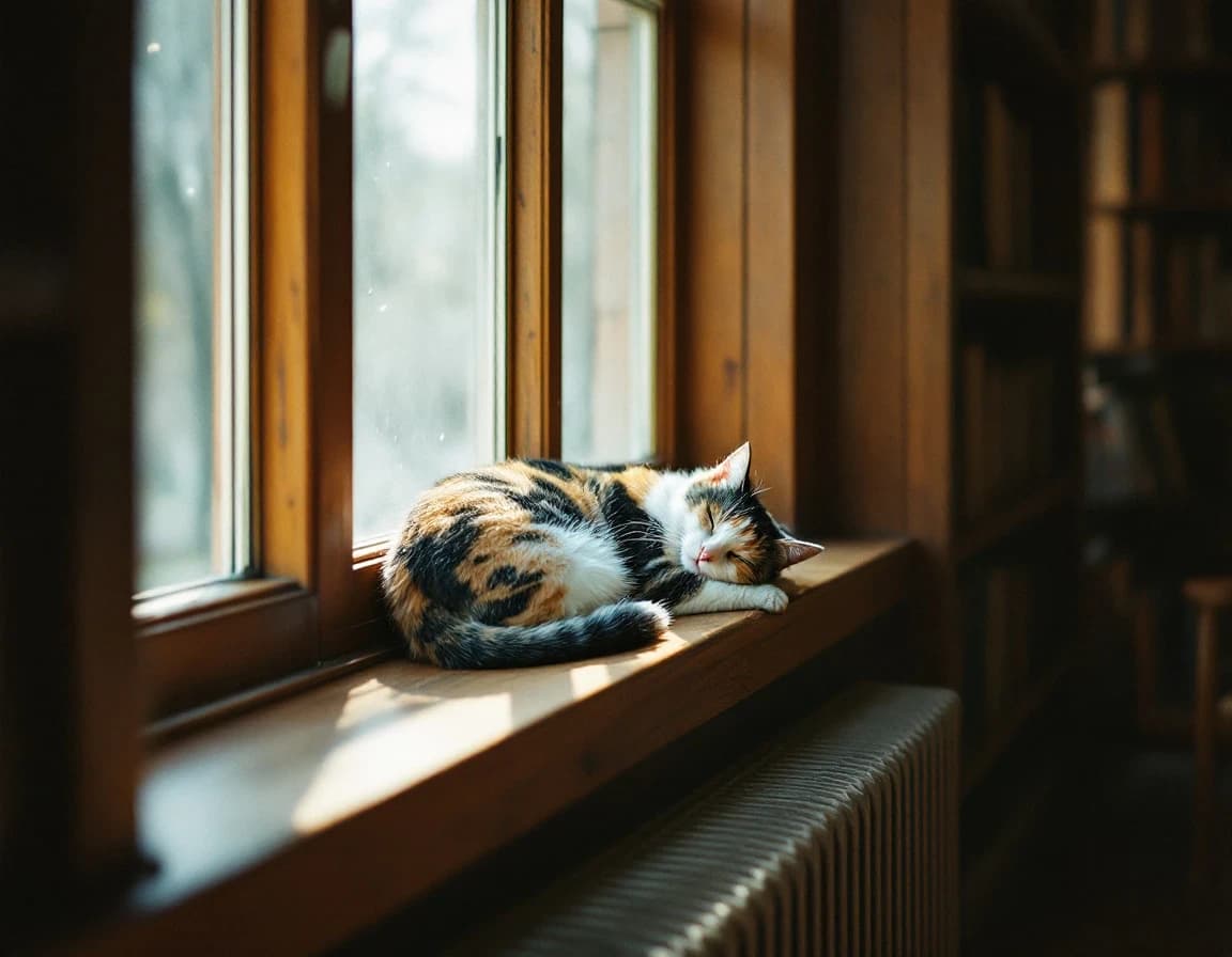 图书馆午睡的三花猫｜纪实风格 AI 生成摄影提示词示例