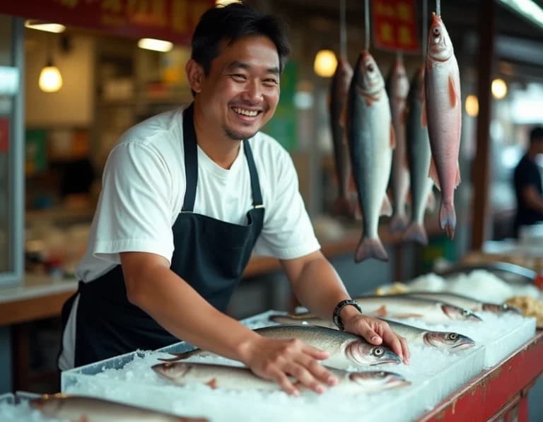 朝市の魚屋AI生成作例｜フィルム風プロンプト