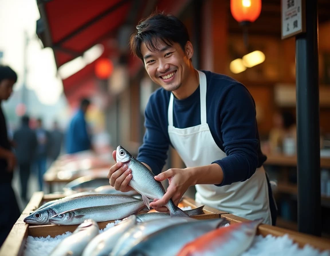 Prompt de foto documental en mercado de pescado japonés con IA