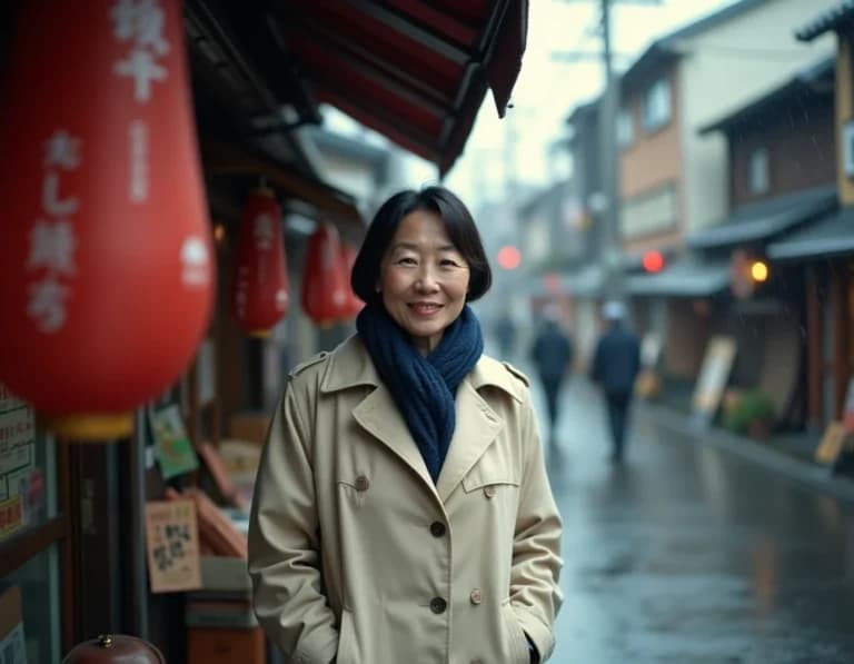 雨の京都・傘屋で選ぶ女性｜AI生成写真プロンプト作例