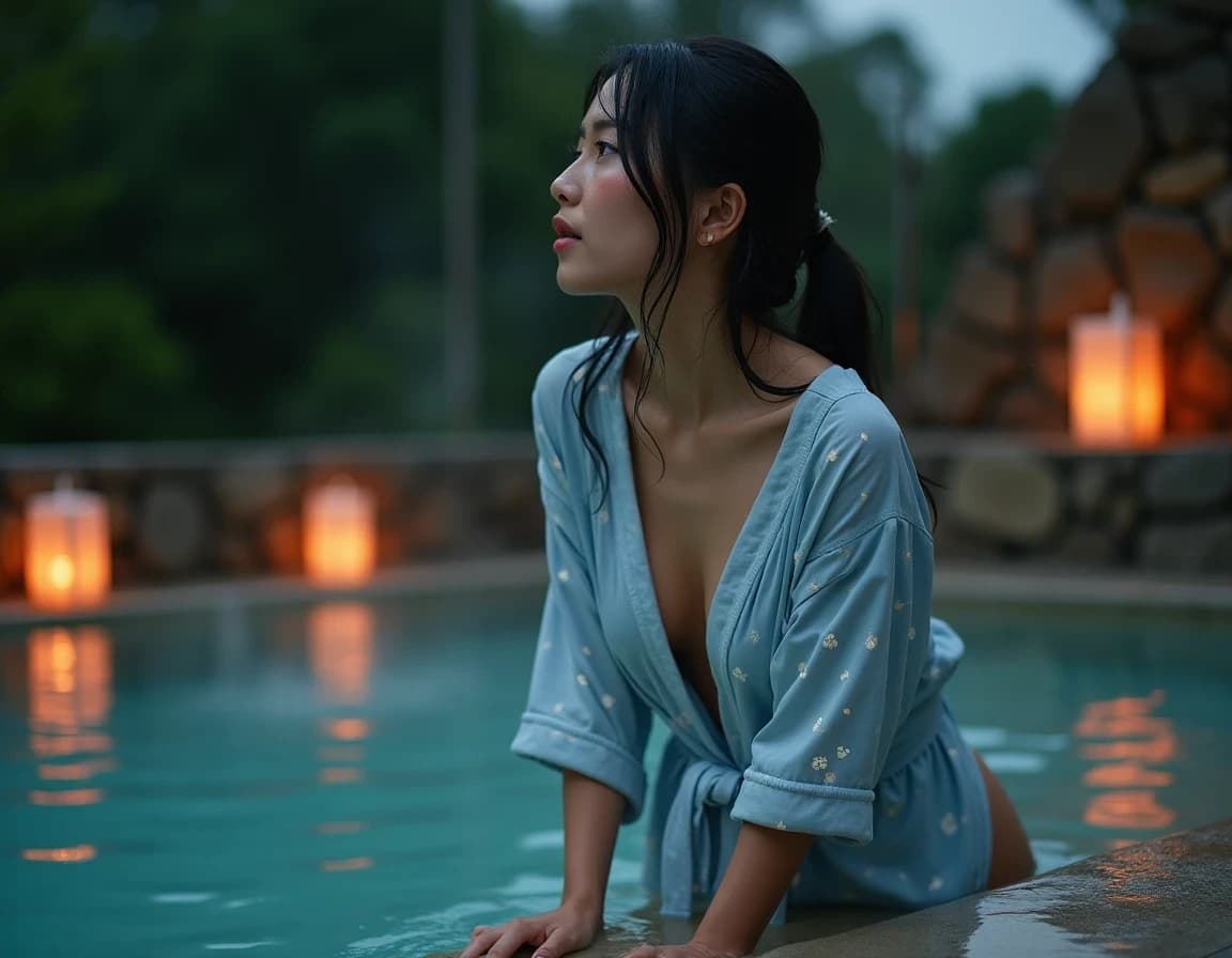 Prompt de IA para escena de onsen con yukata y farolillos