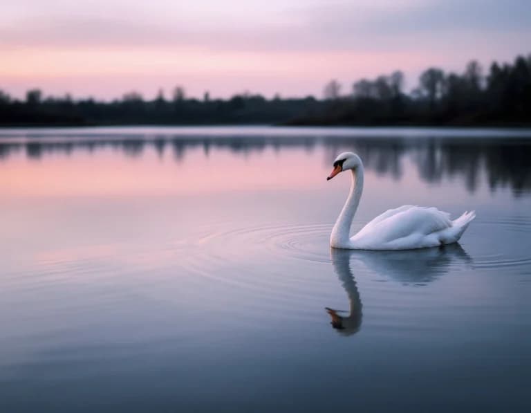 黄昏の白鳥・鏡面の池｜AI生成写真プロンプト作例