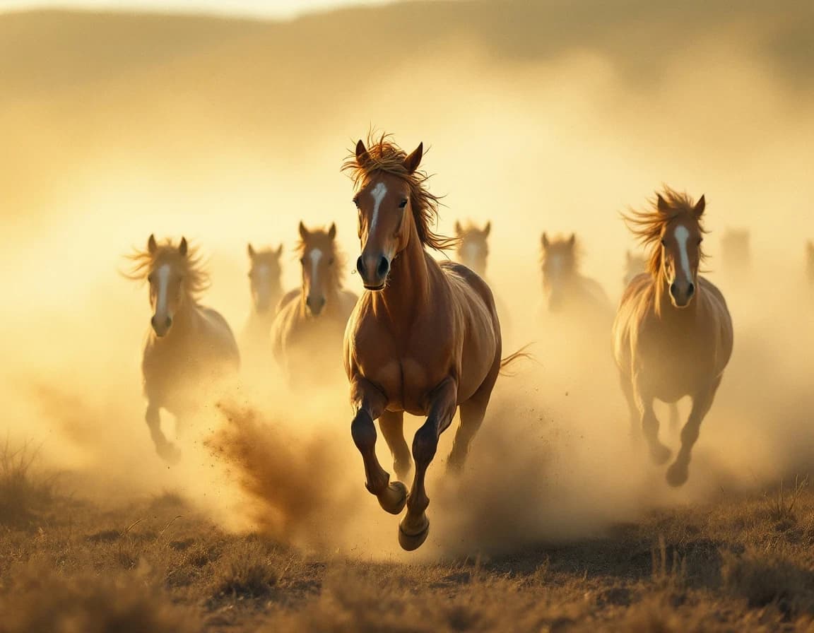 Caballos salvajes al galope — prompt de foto IA con polvo