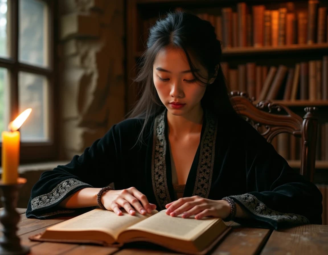 Bruja leyendo grimorio a la luz de velas – prompt IA