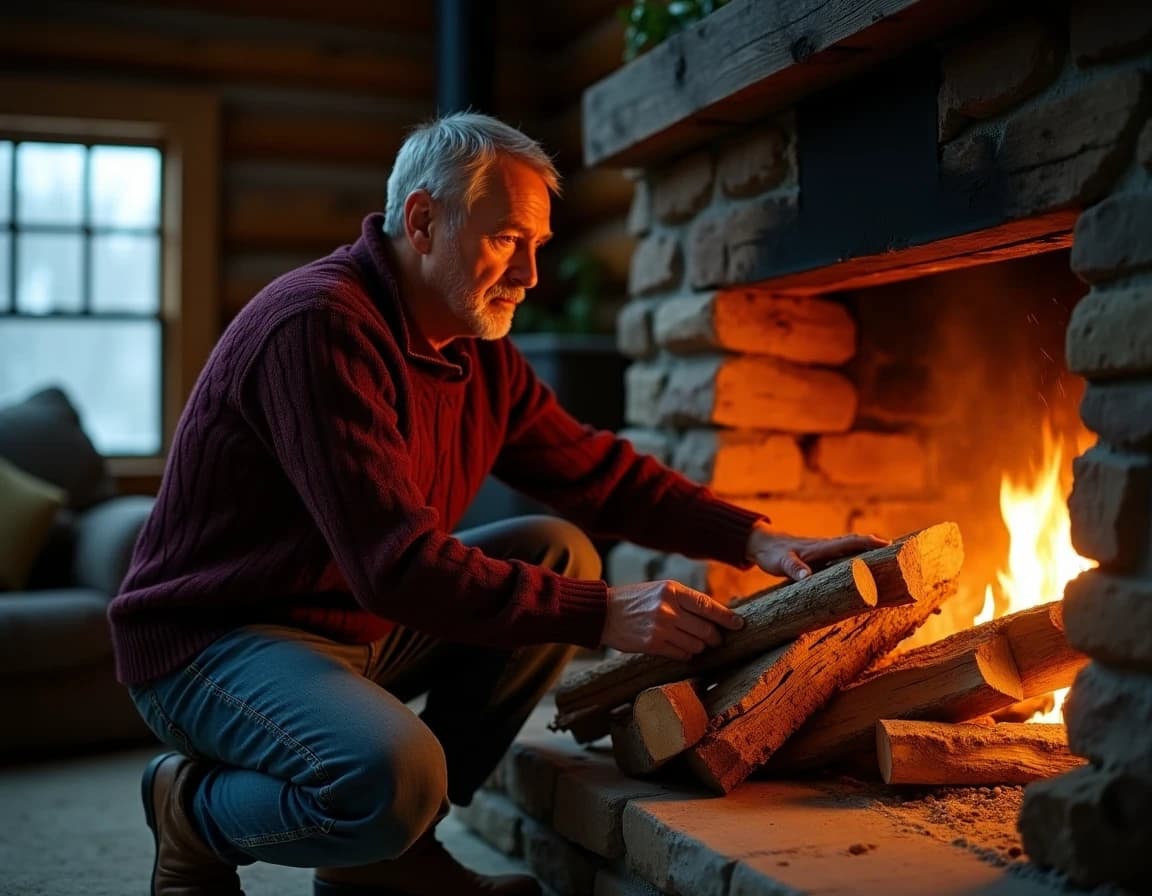 Prompt IA foto documental – leñador junto a la chimenea