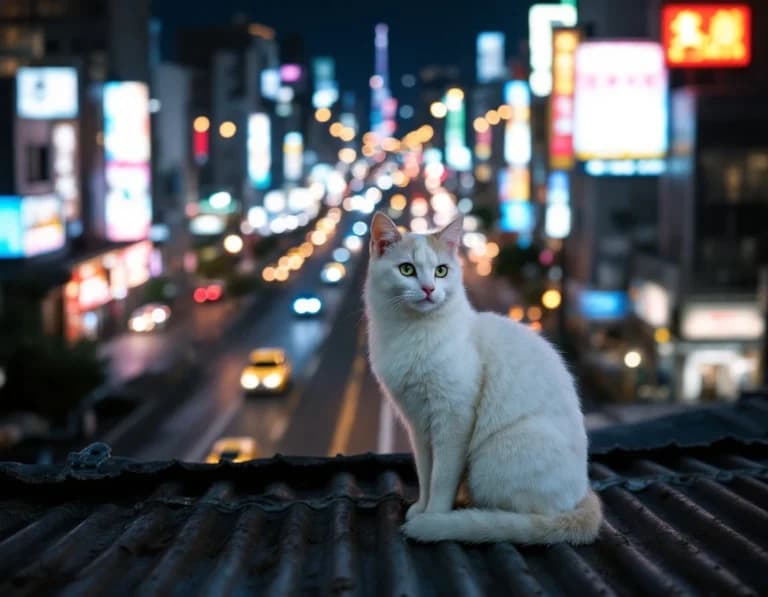 工場屋根のネオン夜景、猫だけの街