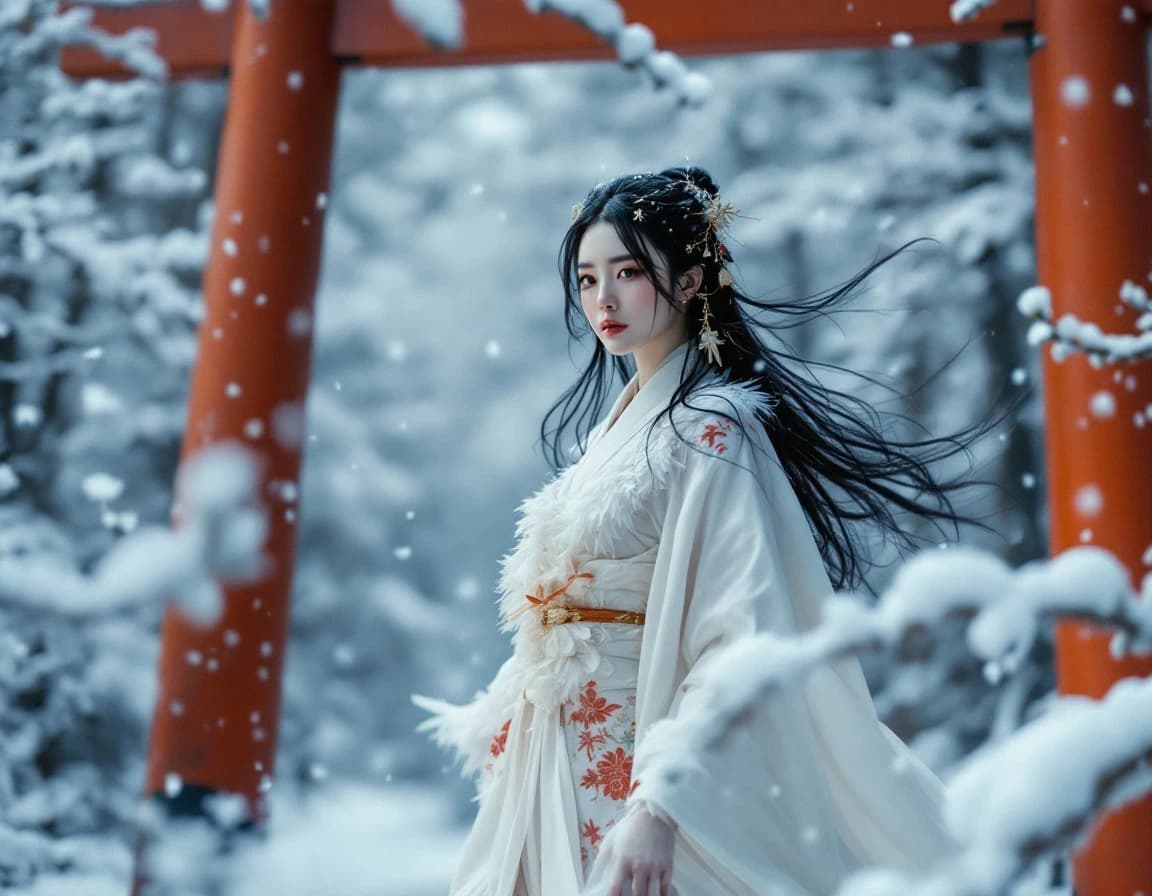 鶴と雪の輪舞、朱の鳥居