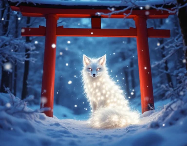 朱の鳥居、雪原に舞う精霊