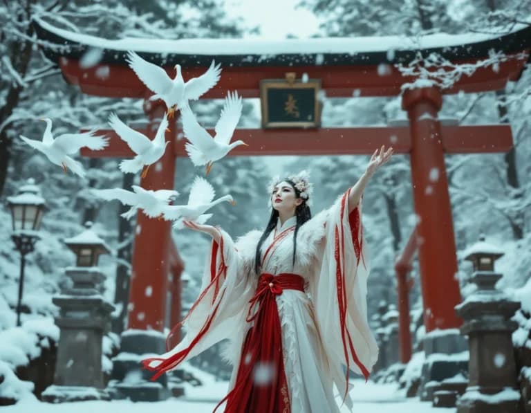 朱き鳥居と舞う白翼、雪原に導かれて