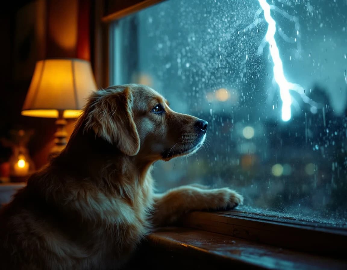 Lightning's Eye — Golden Retriever at the Rainy Window