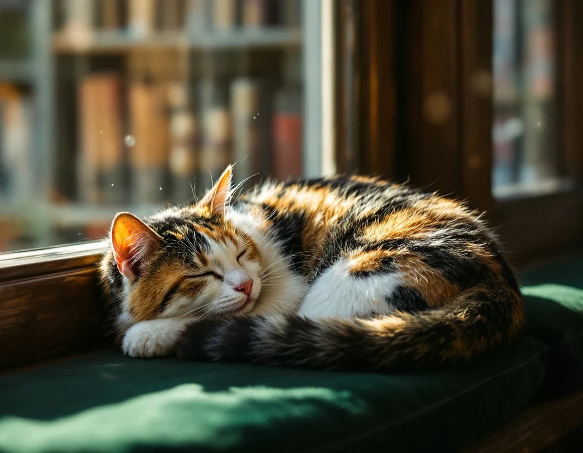 Dust motes dance, a calico's dream
